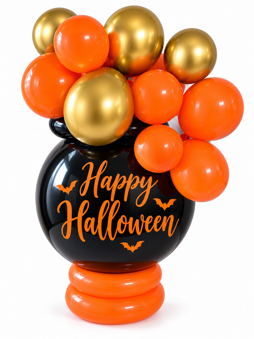 Black cauldron balloon centerpiece with Happy Halloween script, orange and gold balloons