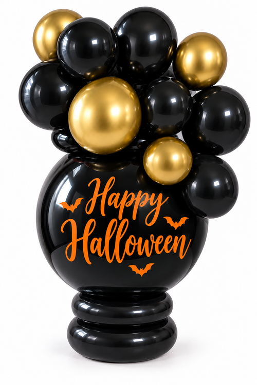 Black Halloween cauldron balloon centerpiece with Happy Halloween script and gold accents