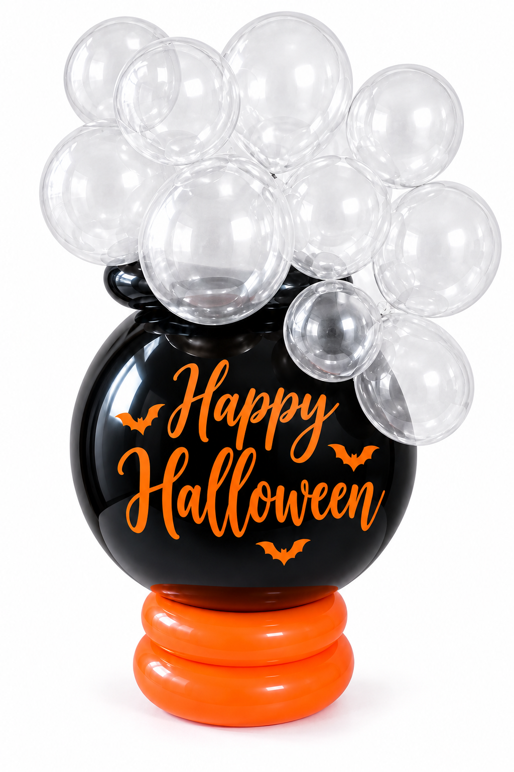 Halloween cauldron balloon centerpiece with clear balloons on top and orange base