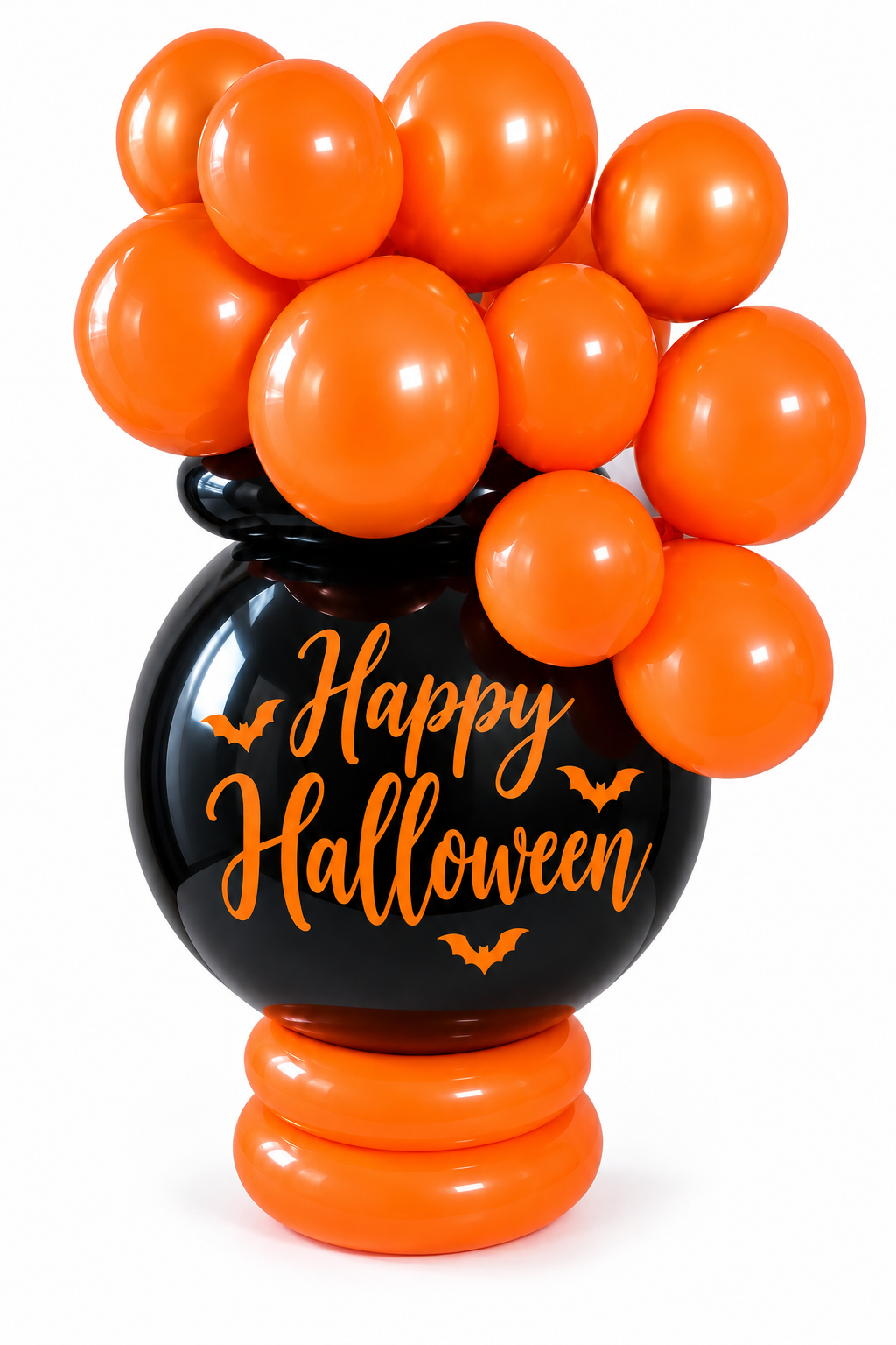 Halloween cauldron balloon centerpiece with orange balloons on top and orange base